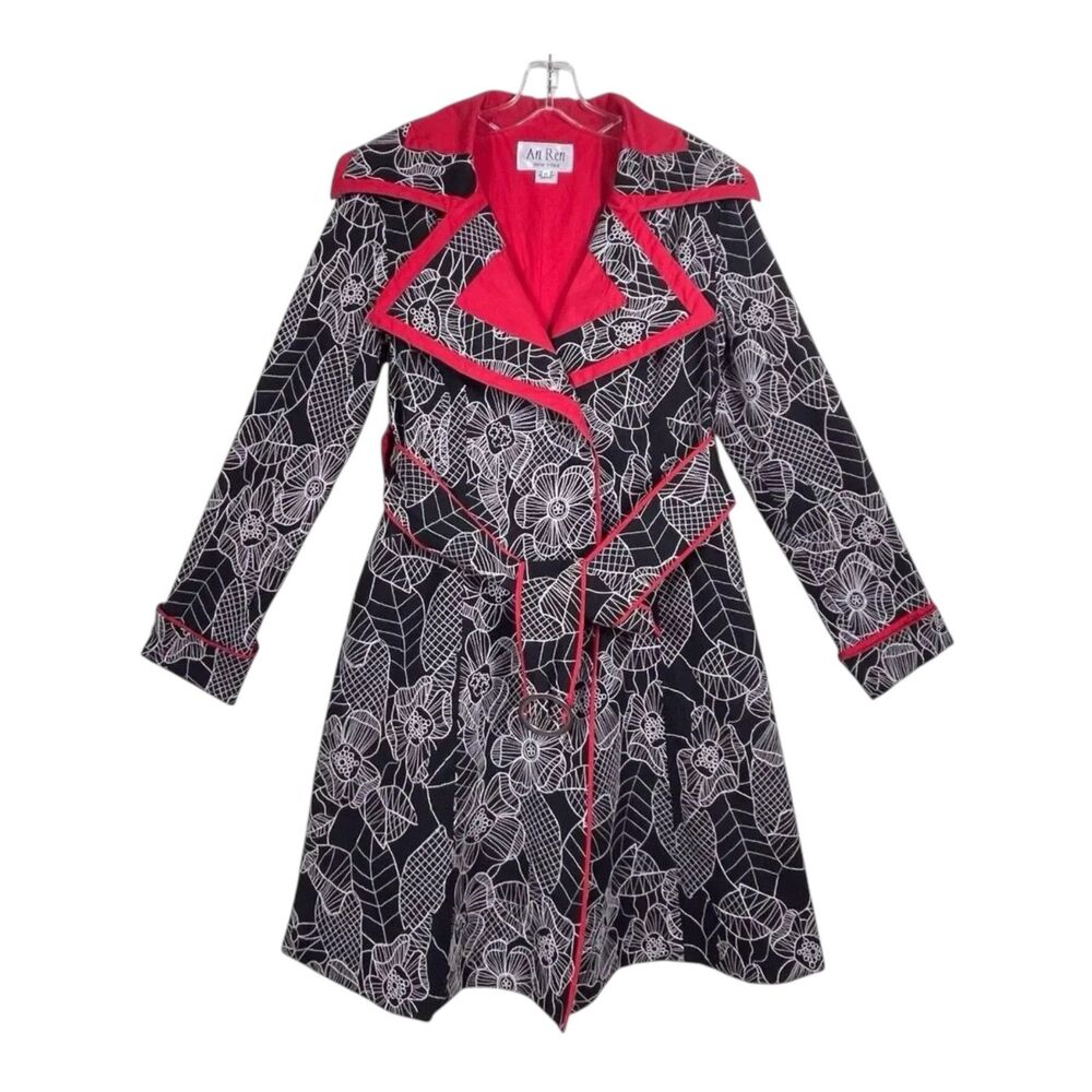 An Ren Black Red Floral Linen Long Coat Size Medium Belted Statement Piece